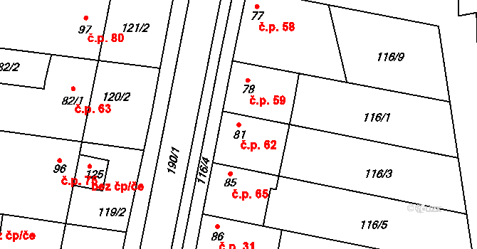 Tážaly 62, Kožušany-Tážaly na parcele st. 81 v KÚ Tážaly, Katastrální mapa