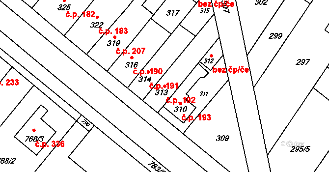 Křelov 192, Křelov-Břuchotín na parcele st. 313 v KÚ Křelov, Katastrální mapa