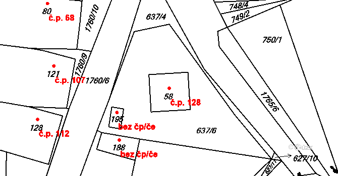 Hořovičky 128 na parcele st. 58 v KÚ Hořovičky, Katastrální mapa
