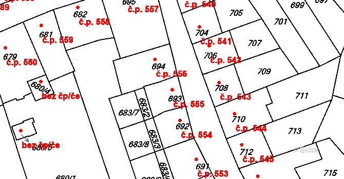 Roudnice nad Labem 555 na parcele st. 693 v KÚ Roudnice nad Labem, Katastrální mapa