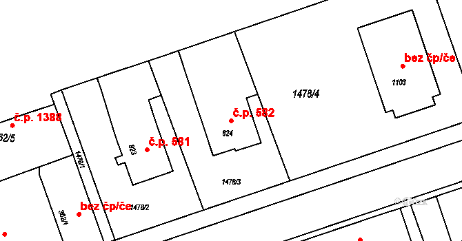 Rožnov pod Radhoštěm 582 na parcele st. 824 v KÚ Rožnov pod Radhoštěm, Katastrální mapa