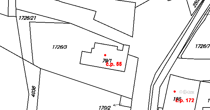 Lodhéřov 55 na parcele st. 79/1 v KÚ Lodhéřov, Katastrální mapa