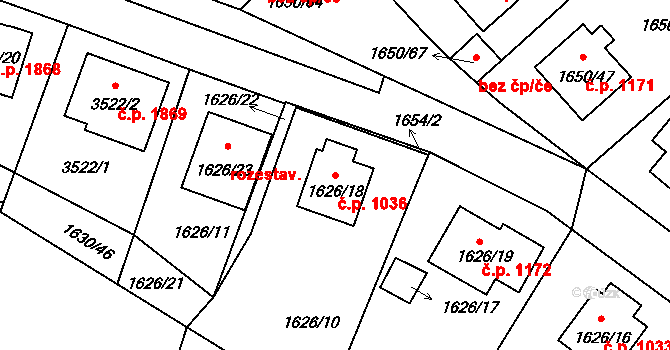 Pelhřimov 1036 na parcele st. 1626/18 v KÚ Pelhřimov, Katastrální mapa