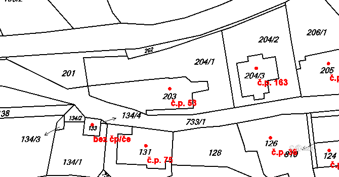 Přední Kopanina 53, Praha na parcele st. 203 v KÚ Přední Kopanina, Katastrální mapa