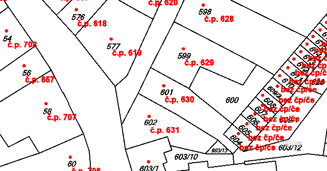 Česká Lípa 630 na parcele st. 601 v KÚ Česká Lípa, Katastrální mapa