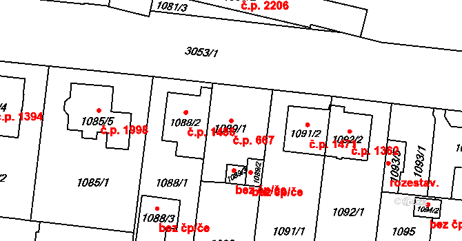 Bolevec 667, Plzeň na parcele st. 1089/1 v KÚ Bolevec, Katastrální mapa