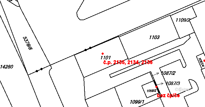 Východní Předměstí 2134,2135,2136, Plzeň na parcele st. 1103 v KÚ Hradiště u Plzně, Katastrální mapa