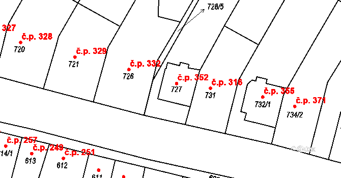 Rajhradice 352 na parcele st. 727 v KÚ Rajhradice, Katastrální mapa