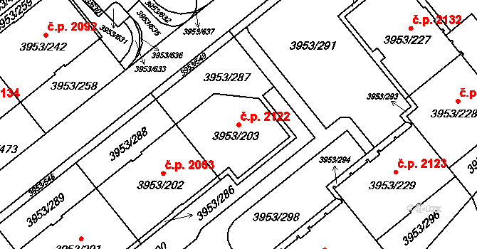 Řečkovice 2122, Brno na parcele st. 3953/203 v KÚ Řečkovice, Katastrální mapa