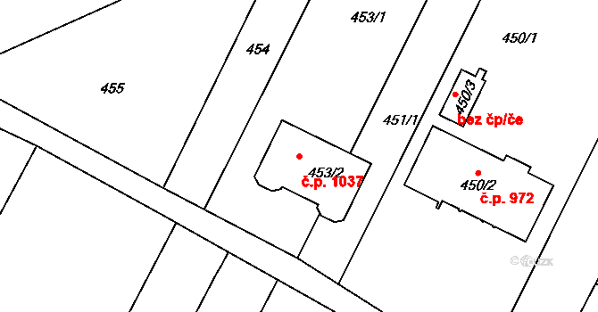 Valtice 1037 na parcele st. 453/2 v KÚ Valtice, Katastrální mapa