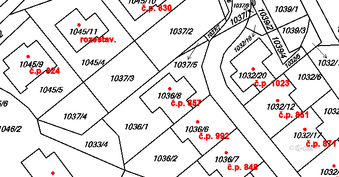 Štýřice 857, Brno na parcele st. 1036/8 v KÚ Štýřice, Katastrální mapa