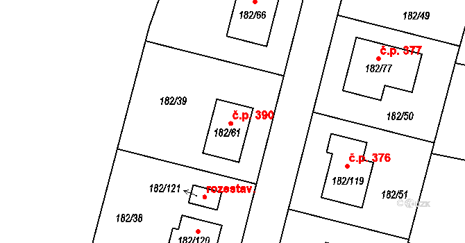Adamov 390 na parcele st. 182/61 v KÚ Adamov u Českých Budějovic, Katastrální mapa