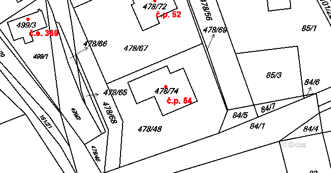 Pístov 54, Jihlava na parcele st. 478/74 v KÚ Pístov u Jihlavy, Katastrální mapa