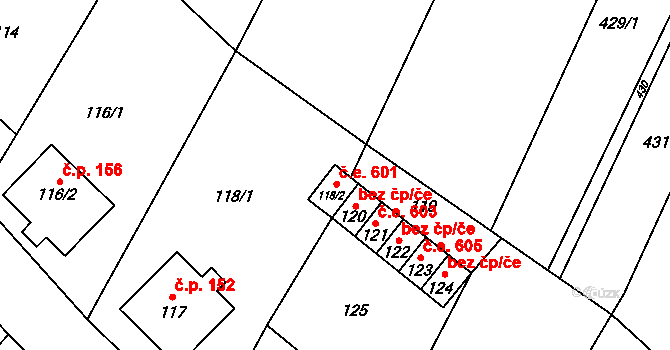 Čučice 601 na parcele st. 118/2 v KÚ Čučice, Katastrální mapa