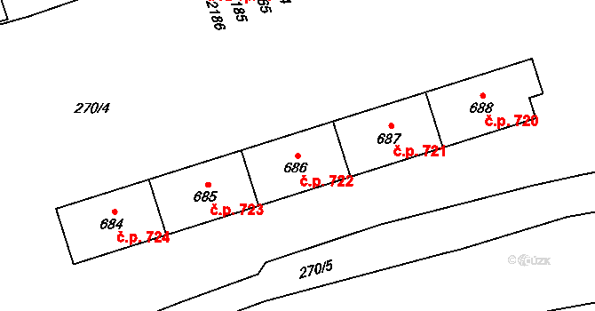Hrabůvka 722, Ostrava na parcele st. 686 v KÚ Hrabůvka, Katastrální mapa