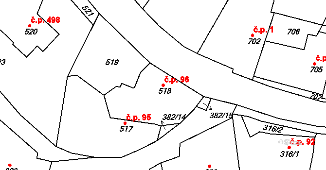 Želechovice nad Dřevnicí 96 na parcele st. 518 v KÚ Želechovice nad Dřevnicí, Katastrální mapa
