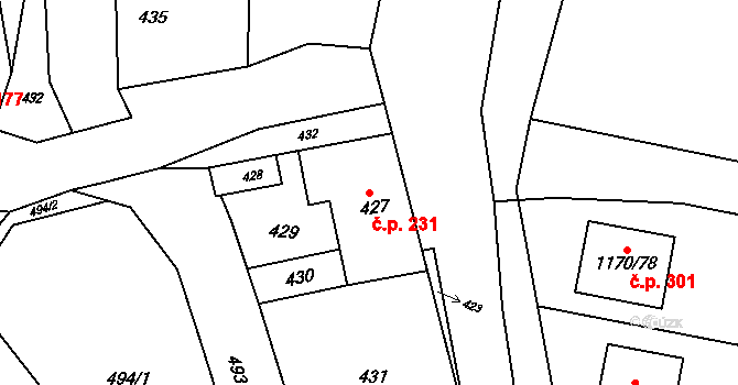 Heršpice 231 na parcele st. 427 v KÚ Heršpice, Katastrální mapa