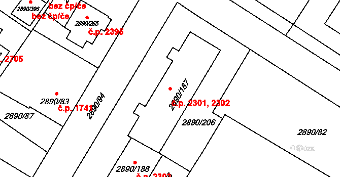 Předměstí 2301,2302, Opava na parcele st. 2890/187 v KÚ Opava-Předměstí, Katastrální mapa
