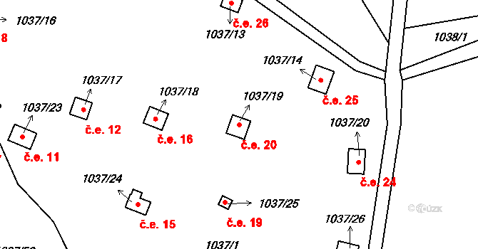 Lázně Bohdaneč 20 na parcele st. 1037/19 v KÚ Lázně Bohdaneč, Katastrální mapa