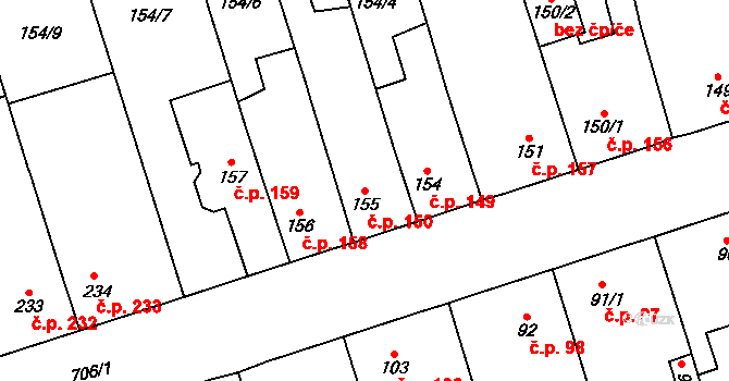 Svítkov 150, Pardubice na parcele st. 155 v KÚ Svítkov, Katastrální mapa