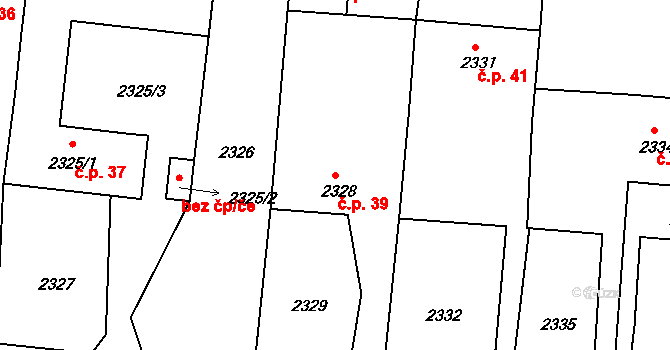 Vodná 39, Kamenice nad Lipou na parcele st. 2328 v KÚ Kamenice nad Lipou, Katastrální mapa