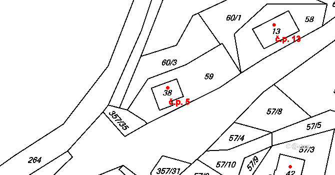 Ondřejov 5, Perštejn na parcele st. 38 v KÚ Ondřejov u Perštejna, Katastrální mapa