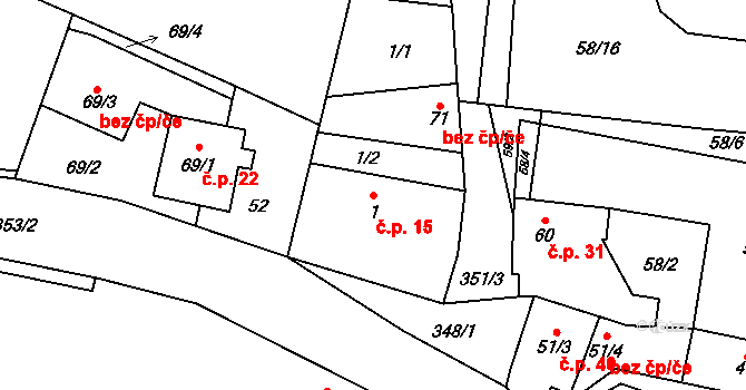Želkovice 15 na parcele st. 1 v KÚ Želkovice u Loun, Katastrální mapa