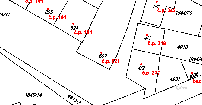 Zaječí 221 na parcele st. 607 v KÚ Zaječí, Katastrální mapa