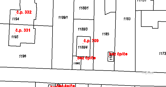 Zbýšov 709 na parcele st. 1188/4 v KÚ Zbýšov u Oslavan, Katastrální mapa