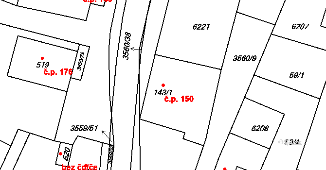 Hrabětice 150 na parcele st. 143/1 v KÚ Hrabětice, Katastrální mapa