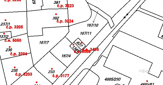 Jihlava 3495 na parcele st. 627 v KÚ Bedřichov u Jihlavy, Katastrální mapa
