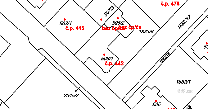 Tišnov 442 na parcele st. 506/1 v KÚ Tišnov, Katastrální mapa