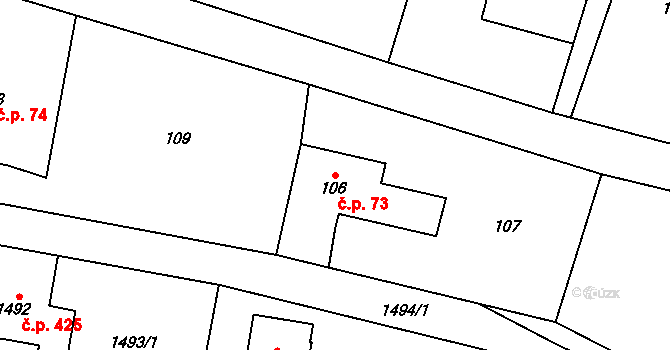Fryčovice 73 na parcele st. 106 v KÚ Fryčovice, Katastrální mapa