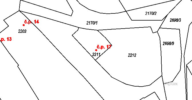 Toužín 17, Dačice na parcele st. 2211 v KÚ Dačice, Katastrální mapa