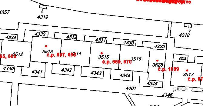 Komín 669,670, Brno na parcele st. 3515 v KÚ Komín, Katastrální mapa