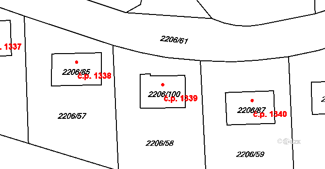 Pelhřimov 1339 na parcele st. 2206/100 v KÚ Pelhřimov, Katastrální mapa