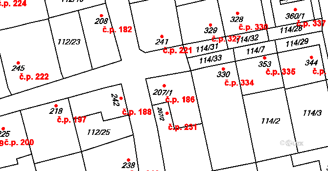 Veltrusy 186 na parcele st. 207/1 v KÚ Veltrusy, Katastrální mapa