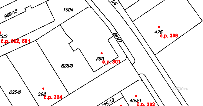 Borohrádek 301 na parcele st. 399 v KÚ Borohrádek, Katastrální mapa