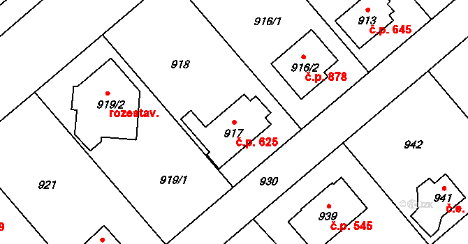 Šeberov 625, Praha na parcele st. 917 v KÚ Šeberov, Katastrální mapa