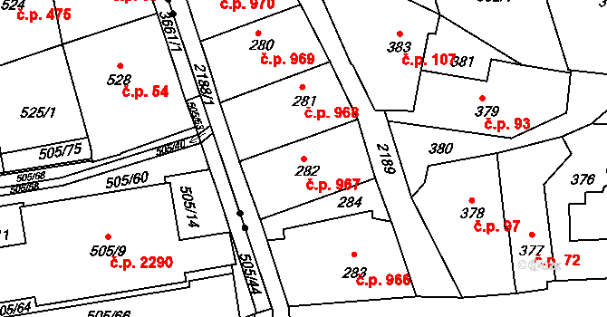 Střešovice 967, Praha na parcele st. 282 v KÚ Střešovice, Katastrální mapa