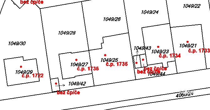 Dejvice 1735, Praha na parcele st. 1049/25 v KÚ Dejvice, Katastrální mapa
