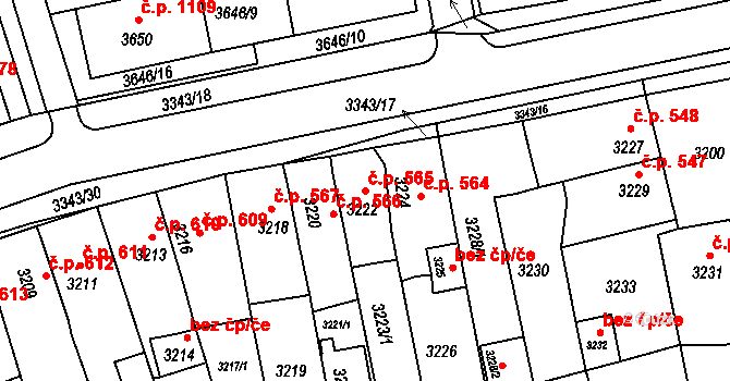 Jirkov 565 na parcele st. 3222 v KÚ Jirkov, Katastrální mapa
