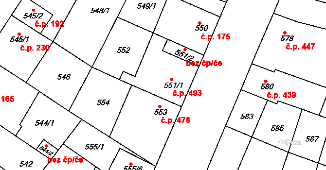 Blučina 493 na parcele st. 551/1 v KÚ Blučina, Katastrální mapa