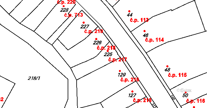 Šlapanice 217 na parcele st. 225 v KÚ Šlapanice u Brna, Katastrální mapa