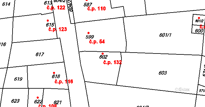 Horákov 132, Mokrá-Horákov na parcele st. 602 v KÚ Horákov, Katastrální mapa
