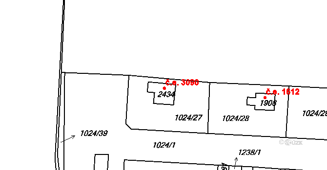 Litice 3090, Plzeň na parcele st. 2434 v KÚ Valcha, Katastrální mapa