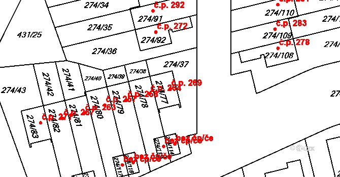 Třeboradice 269, Praha na parcele st. 274/77 v KÚ Třeboradice, Katastrální mapa