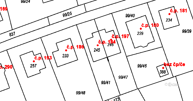 Drahelčice 184 na parcele st. 245 v KÚ Drahelčice, Katastrální mapa