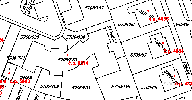 Jihlava 5514 na parcele st. 5706/320 v KÚ Jihlava, Katastrální mapa