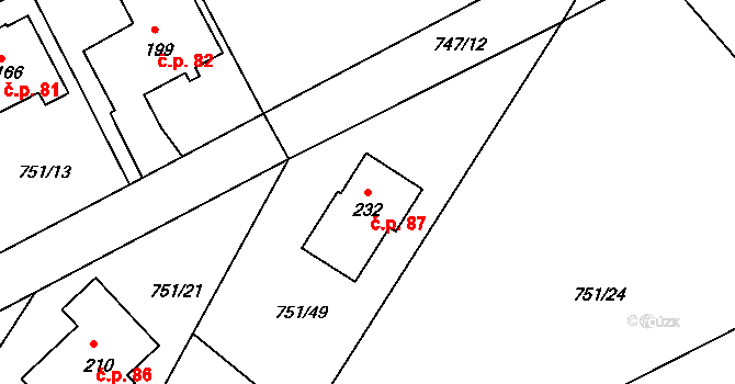 Budislav 87 na parcele st. 232 v KÚ Budislav, Katastrální mapa